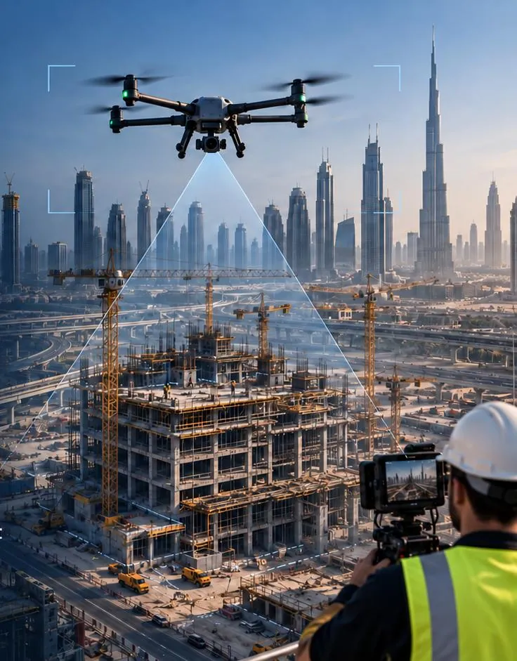 Camera operator in a hard hat filming a tower under construction while a drone flies overhead