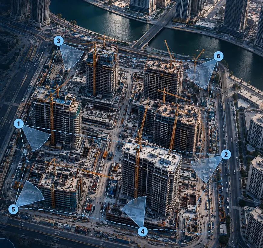 Aerial view of a construction site with six numbered vantage points
