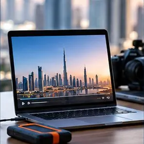 Laptop playing the final film, with a drive beside it