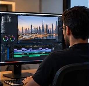 Editor grading site footage on a monitor