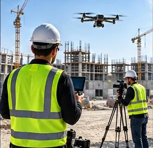 Pilot flying a drone over a site, with a camera operator nearby