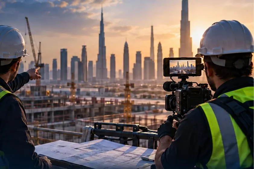 Two crew members in hard hats planning a shoot on a rooftop overlooking the Dubai skyline